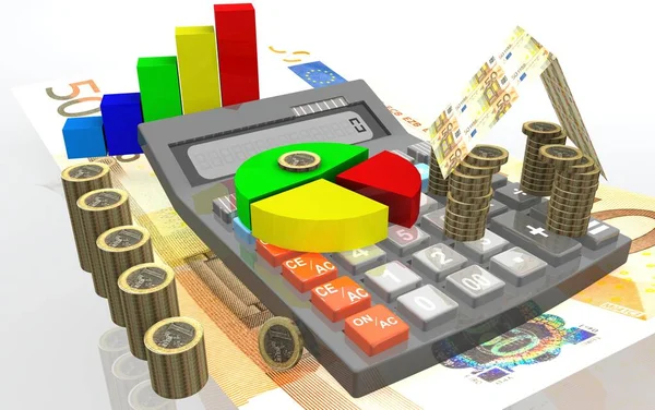 Bunte Illustration Für Business Thema Geld Mit Taschenrechner Und Kuchendiagramm — Stockfoto