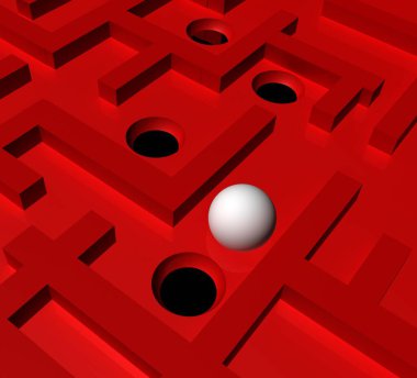 Beyaz top ile kırmızı labirentin 3 boyutlu çizimi 