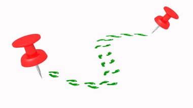 Kırmızı harita arasındaki yeşil ayak izleri beyaz üzerinde izole edilmiş.