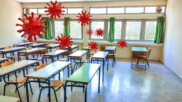 Klasa Coronavirus Covid Biurko Szkoła Średnie Bezpieczeństwo Renderowania — Zdjęcie stockowe