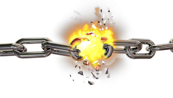break chain among fire in black background  isolated - 3d rendering