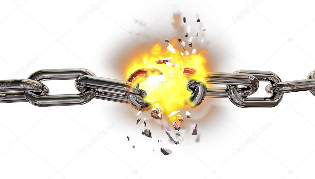 break chain among fire in black background  isolated - 3d rendering