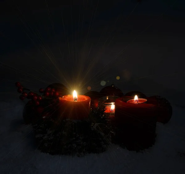 Noel Arkaplanında Kar Topları Mumları Yakar Yıldızlar Için Yer Açar — Stok fotoğraf