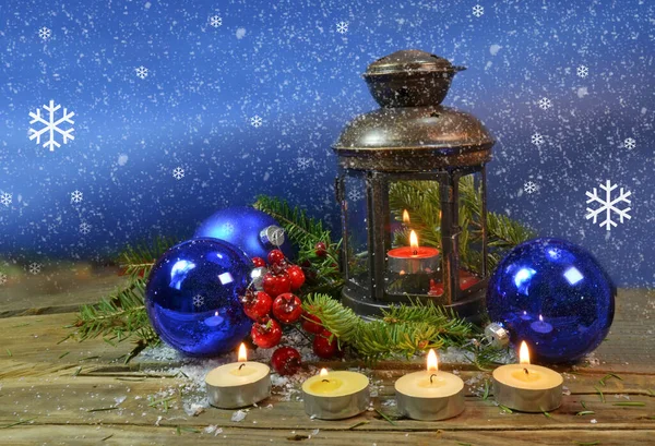 Navidad Navidad Fondo Bolas Nieve Abetos Velas Estrellas Espacio Para — Foto de Stock