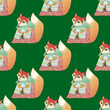 Vektör yeşil zemin üzerine fox ile seamless modeli