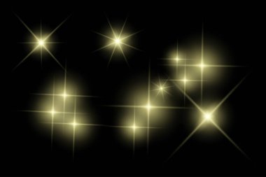 Parıldayan ışıklar, yanıp sönen ışıklar, ışık efektleri, güneş ışığı parıltısı, parıldayan ışınlar, siyah arkaplanda parıldayan yıldız sikonu..