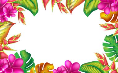 Palmiye yaprağı, amber çiçeği ve pembe su çiçekleri soyut arka planda. Son moda yaz egzotik çiçek pankartı şablonu.