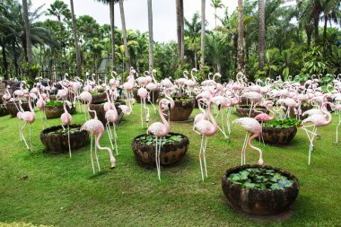 Bahçedeki flamingo kuşlarının figürleri 