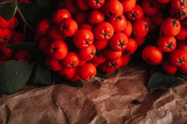 Orangefarbene Vogelbeeren Auf Braun Zerknülltem Bastelpapier — Stockfoto