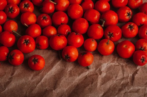 Orangefarbene Vogelbeeren Auf Braunem Zerknittertem Bastelpapier Nahaufnahme — Stockfoto