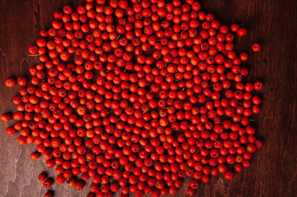Scattered Red Rowan Berries Wooden Table — Stock Photo, Image