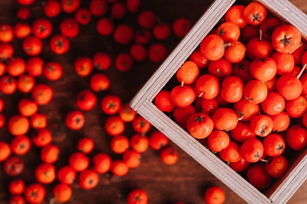 ahşap kutu portakal üvez meyveleri ile tabloda üstten görünüm 