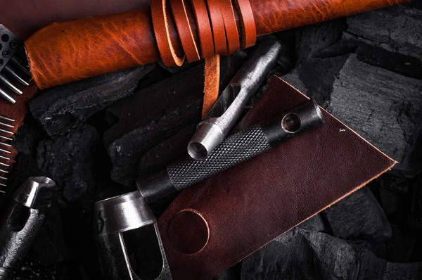 handcraft tools and brown leather