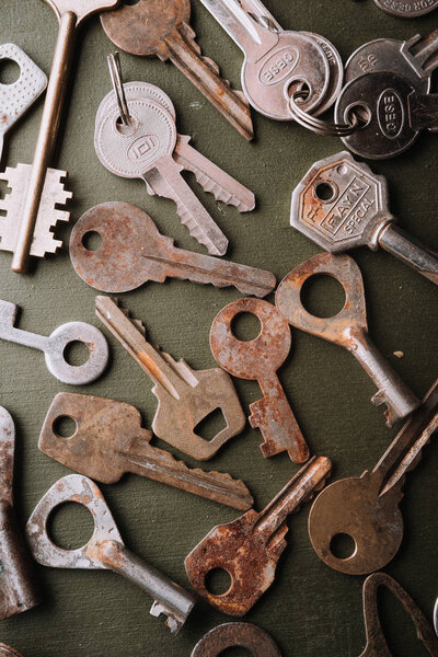 antique iron rusty keys, top view