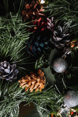 renkli boyalı ağaç koniler ve yeşil Noel ağacı dalı 