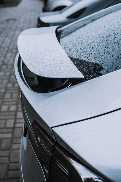 Close Shot Wet Silver Aluminum Car Tesla Electric Car — Stock Photo, Image