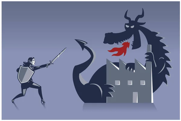 Ilustración Mujer Negocios Que Lleva Escudo Espada Luchando Contra Dragón — Foto de Stock