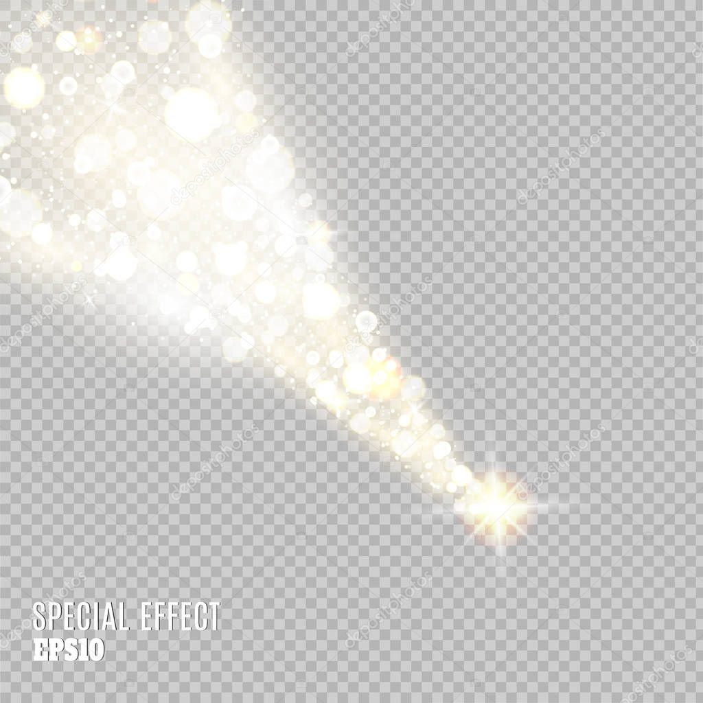 Vector golden sparkling falling star. Stardust trail.