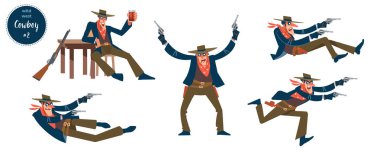 Karikatür pictograms vektör illüstrasyon ile farklı durumlarda çeşitli kişilerin düz insan karakteri ile Kovboy tasarım konsepti