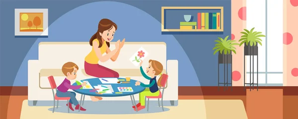 Mãe e filhos desenhar tintas na sala de jogos. Ilustração dos desenhos animados vetoriais — Vetor de Stock