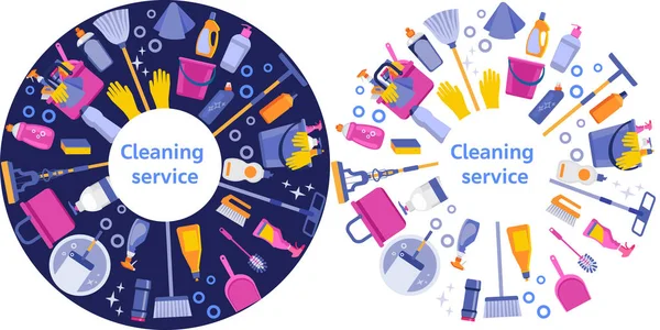 Cleaning service flat illustration. House cleaning services with various cleaning tools in a circle. Blue and white isolated option. Vector illustration — Stock Vector