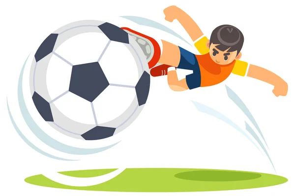 Fotboll, fotbollsmatch. En spelare skytte på mål att utföra en cykel kick. Vektor tecknad rolig illustration av söt pojke fotbollsspelare sparkar på mål. — Stock vektor