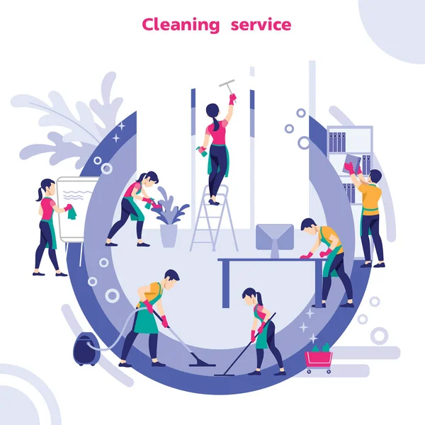 Group Of Janitors In Uniform Cleaning The Office With Cleaning Equipments. — Stock Vector