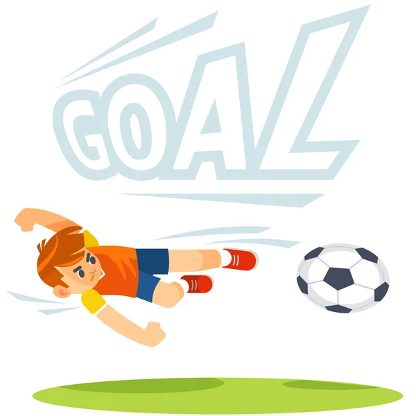 サッカーサッカーキックストライカーは正確なショットでゴールを決めます。漫画キッズスポーツ — ストックベクタ