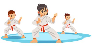 Sevimli vektör karakter çocuk . Dövüş sanatı afişi için illüstrasyon. Kimono giyen ve karate eğitimi veren çocuk.