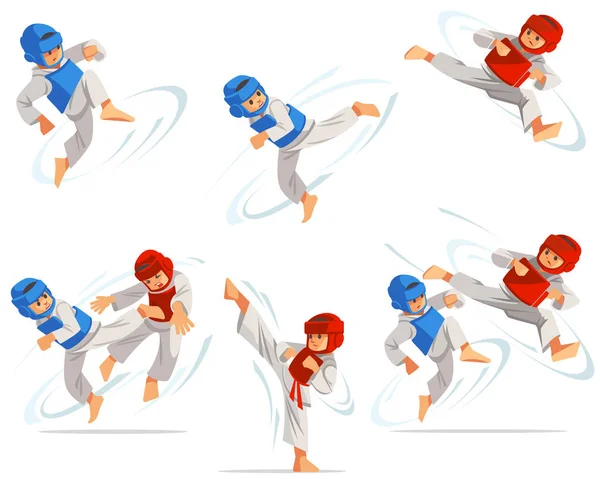 Conjunto de taekwondo meninos personagens em diferentes posições. Conjunto de personagens, treino de taekwondo. Desenho plano desenho animado ilustração vetorial . —  Vetores de Stock