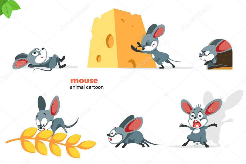 Set of cute mouse character with different action poses, isolated on white background