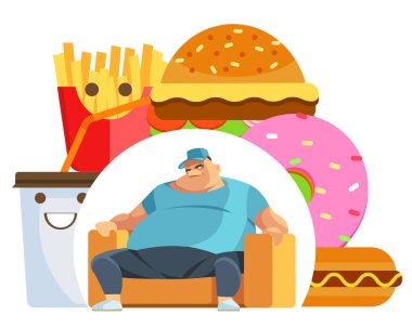 Şişman adam fast food burger yiyor. Şişman insanlar için kahvaltı. Önemsiz yemekler obeziteye yol açar. Düzenli olarak aşırı yiyenler konsepti. Sağlık hizmeti kavramı.
