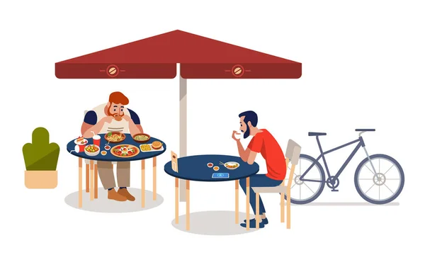 Fat men and athlete sitting at tables and eating different delicious meals. — Stock Vector