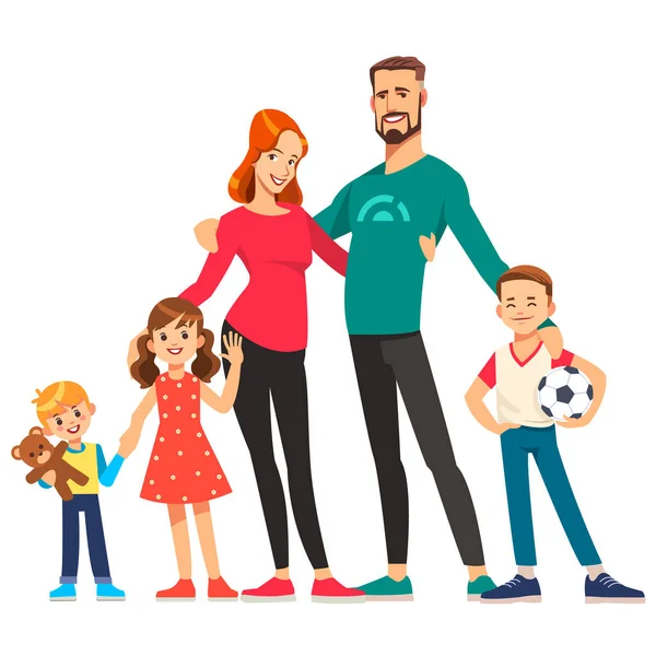 Lycklig ung familj. Pappa, mamma, söner och dotter tillsammans. Vektor illustration i tecknad stil. — Stock vektor