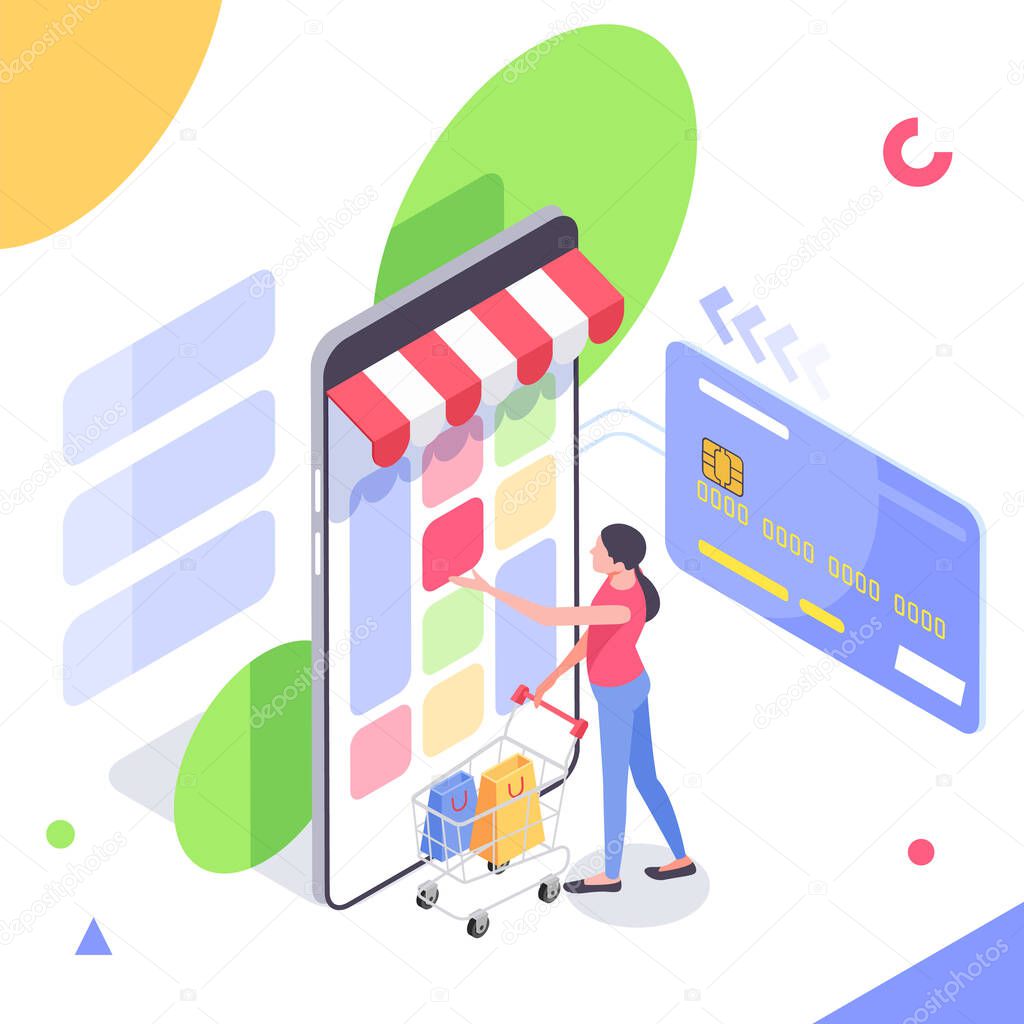 Online Buying. Isometric Smart smartphone online shopping concept. Smartphone turned into internet shop. Mobile marketing and e-commerce