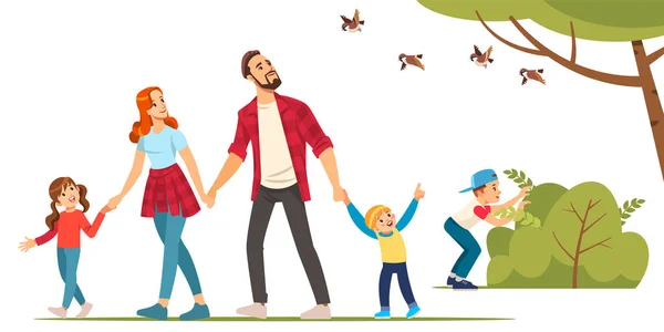 Familia feliz y senderismo. Padre, madre e hijos viajan por el bosque. Trekking a la naturaleza. Ilustración vectorial en estilo de dibujos animados . — Archivo Imágenes Vectoriales