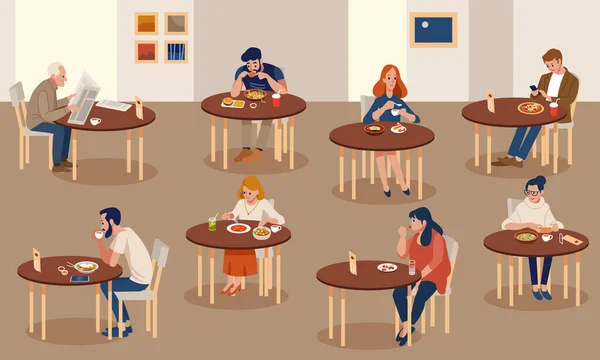 Colección de gente linda sentada en las mesas y comiendo diferentes comidas deliciosas. Conjunto de hombres y mujeres que prueban sabrosa comida en el restaurante o cafetería. Ilustración vectorial colorida en estilo plano de dibujos animados — Archivo Imágenes Vectoriales