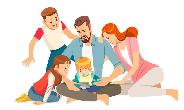 Cheerful young family with kids laughing watching funny video on smartphone sitting together, parents with children enjoying playing games or entertaining using mobile apps on phone at home — ストックベクタ