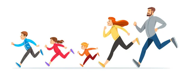 Happy Family med barn som springer eller joggar för idrott och bättre kondition på sommaren. Bra familjerelationer. Grundläggande hälsovård för människor. Illustration för annonsera löpning sport — Stock vektor