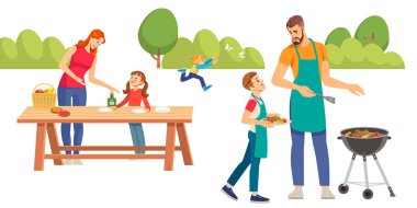 Piknikte mutlu bir aile dışarıda barbekü ızgarası hazırlıyor. Aile pikniği. Barbekü partisi. Yiyecek ve barbekü yaz ve ızgara