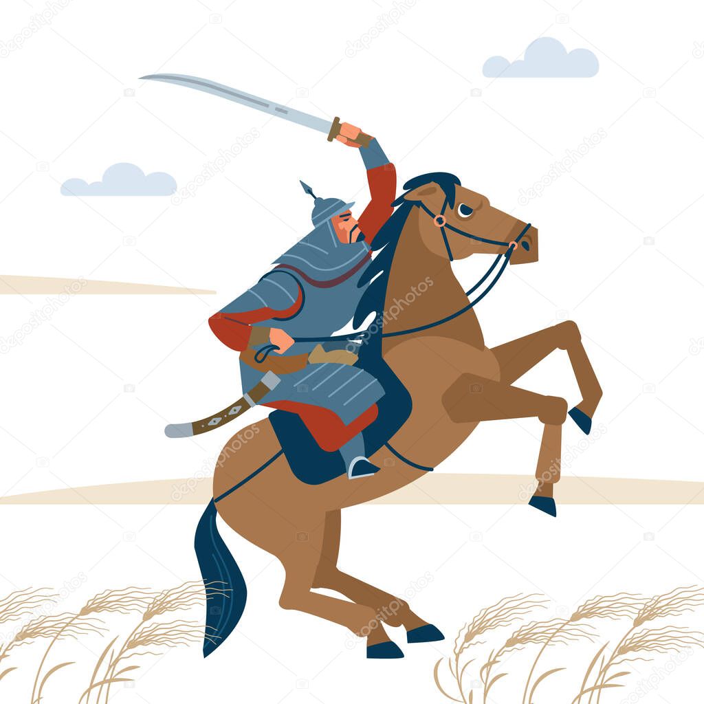 Portrait of dangerous, nomad mongol man riding brown horse in steppe holding sword attacking. Central Asian warrior horseman, ready to attack in battle. Isolated vector illustration in flat cartoon