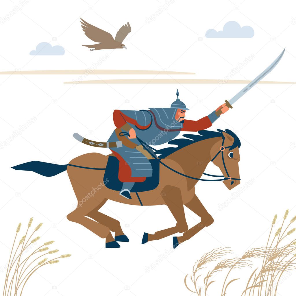 Central Asian warrior horseman, attack in battle. Isolated vector illustration in flat cartoon style