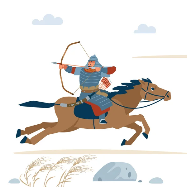 Guerrero de Asia Central con arco, Caballo a caballo, ilustración plana vectorial aislada . — Archivo Imágenes Vectoriales