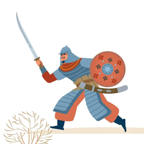 Central Asiatiska Stark krigare karaktär tecknad, platt stil vektor illustration isolerad på vit bakgrund. — Stock vektor