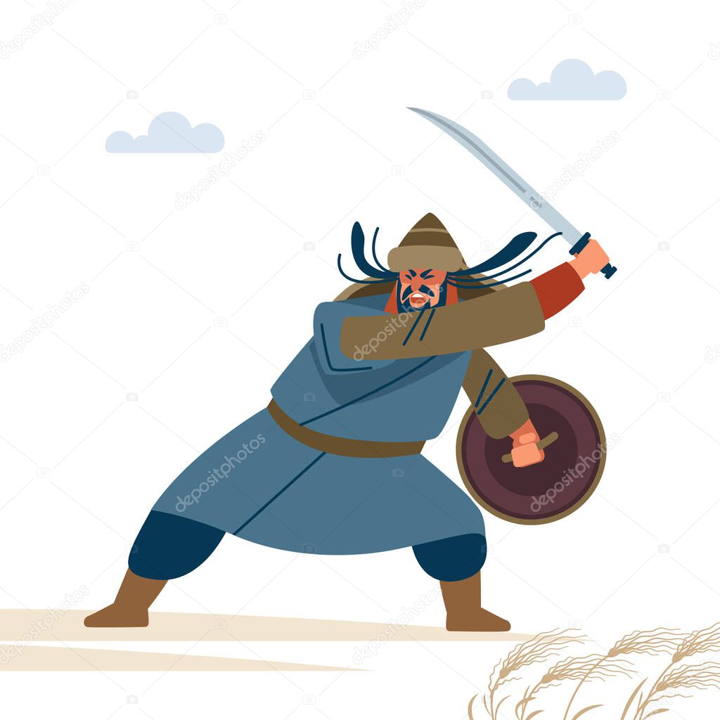 Fierce medieval warrior in battle. Historical illustration. Isolated vector flat illustration.