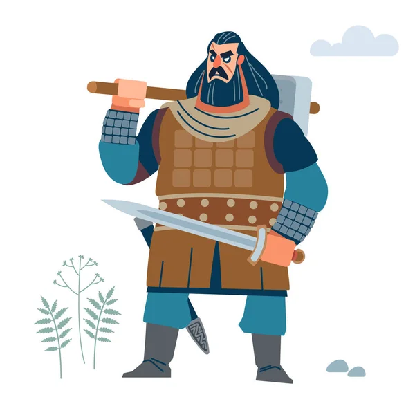 Vikingatida. Krigare med hammare och svärd. Isolerad vektor illustration i platt stil. — Stock vektor
