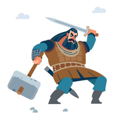 İskandinav savaşçısı. Viking saldırısı. Vektör düz çizgi film illüstrasyonu.