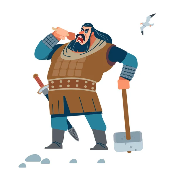 Viking. Krigare. Stark viking äter kött. Isolerad vektor illustration av en platt stil. — Stock vektor