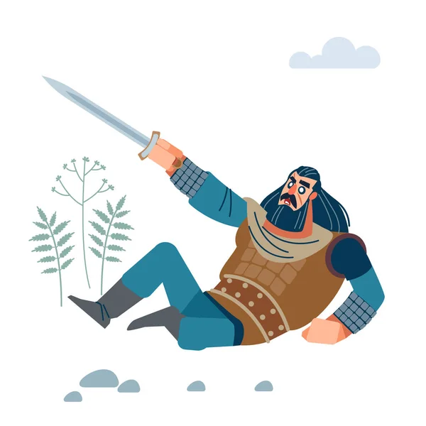 Guerriero medievale arrabbiato con lunghi capelli scuri medi, con spada che difende contro il nemico. illustrazione piatta, vettore cartone animato isolato. — Vettoriale Stock