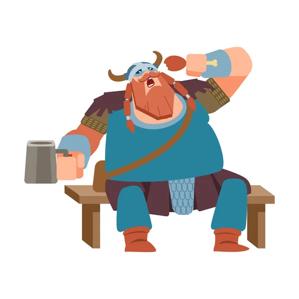 Viking karakter. Harcos evés és ivás örömmel. Középkori norvég harcos katona ember vektor rajzfilm kabala. Lapos stílus. — Stock Vector